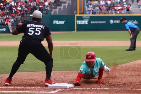 Photo for May 20, 2023 in Mexico City, Mexico: Carlos Sepulveda #8 of the Diablos Rojos of Mexico slides during the  match between the Piratas of Campeche and the Diablos Rojos del Mexico, of the Mexican Basebal league (MBL) at  Alfredo Harp Helu stadium - Royalty Free Image