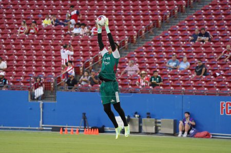 Photo for July 25, 2023, Fisco, United States: Necaxas goalie Raul Gudio warms up moments before the Leagues Cup match between FC Dallas and Necaxa at Toyota Stadium - Royalty Free Image