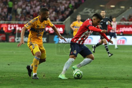 Photo for May 28, 2023, Jalisco, Mexico: Fernando Beltran of Chivas of Guadalajara and Rafael de Souza of Tigres of Nuevo Leon fight for the ball during the second leg match of Mexican football final of the  MX League Closing tournament 2023 at Akron stadium - Royalty Free Image