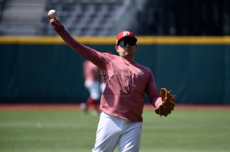 Photo for March 27, 2023, Mexico City, Mexico: Juan Carlos Gamboa pitches the ball during the training of  the Diablos Rojos de Mexico baseball team at Alfredo Harp Helu Stadium - Royalty Free Image