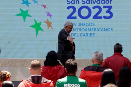 Photo for June 15, 2023, Mexico City, Mexico: Mexican President Andres Manuel Lopez Obrador at the flag-waving ceremony for the San Salvador Central American and Caribbean Games, at the National Palace in Mexico City. on June 15, 2023 in Mexico City, Mexico - Royalty Free Image