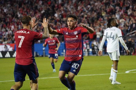 Photo for March 4, 2023, Frisco, United States: FC Dallas forward Alan Velasco celebrates his first goal of the season with captain Paul Arriola during first half action of the MLS match between FC Dallas and LA Galaxy at Toyota Stadium - Royalty Free Image
