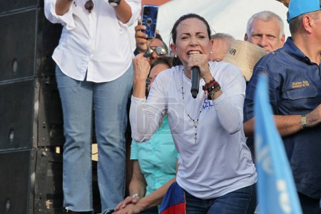 Photo for August 11, 2023, Marcaibo, Venezuela: Maria Corina Machado, the flagship of the  party  Vente Venezuela, addresses her supportters during a rally to aspire to be the candidate of the opppssition, that seeks to evic Socalist President Nicolas Maduro - Royalty Free Image