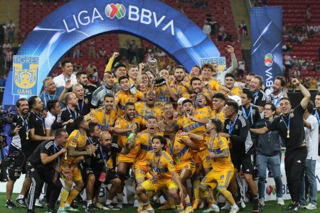 Photo for May 28, 2023, Jalisco, Mexico: Tigres of Nuevo Leon team celebrate posing with the cup as new champion of the   MX League Closing tournament 2023 of Mexican football League at Akron stadium. on May 28, 2023 in Jalisco, Mexico. (Photo by Ismael Rosas - Royalty Free Image