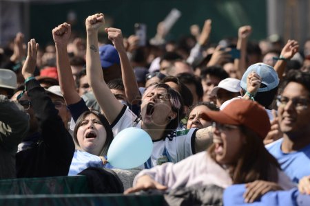 Photo for December 18, 2022, Mexico City, Mexico: Argentine fans celebrate Argentina as new World Champion of the FIFA World Cup at the FIFA Fan Fest at the Monument to the Revolution . on December 18, 2022 in Mexico City, Mexico - Royalty Free Image