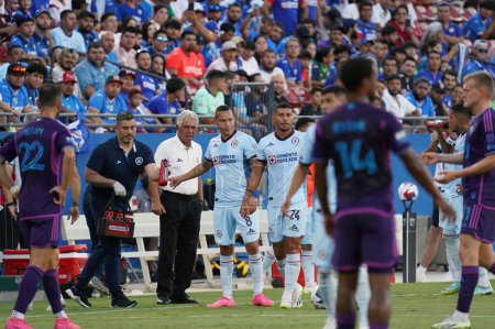 Photo for August 3, 2023, Frisco, Texas, United States: Cruz Azul's coach Ricardo "El Tuca" Ferretti is shown during a water break in the Leagues Cup match between Cruz Azul and Charlotte played at Toyota Stadium - Royalty Free Image