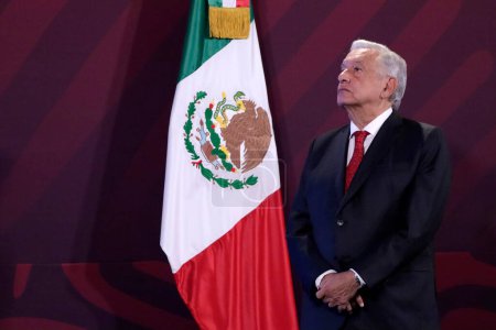 Foto de 14 de agosto de 2023, Ciudad de México, México: El Presidente de México, Andrés Manuel López Obrador, en la conferencia de prensa en el Palacio Nacional de la Ciudad de México - Imagen libre de derechos