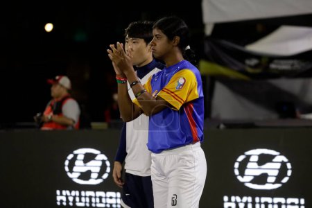 Téléchargez les photos : 9 novembre 2022, Mexico, Mexique : Les joueurs de l'équipe vénézuélienne en action contre l'équipe de Corée lors du match entre le Venezuela et la Corée lors de la Coupe du monde de baseball 5 - en image libre de droit