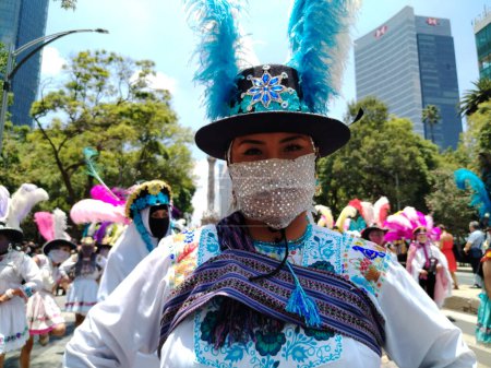 Photo for August 9, 2023, Mexico City, Mexico: Various indigenous organizations participating in the Mega Calenda Parade on the International Day of Indigenous Peoples on Reforma avenue in Mexico City. on August 9, 2023 in Mexico City, Mexico - Royalty Free Image