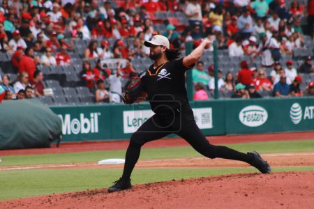 Photo for May 20, 2023 in Mexico City, Mexico: Demetrio Gutierrez #5 of Pirates of Campeche pitches during the  match between the Piratas of Campeche and the Diablos Rojos del Mexico, of the Mexican Basebal league (MBL) at  Alfredo Harp Helu stadium - Royalty Free Image