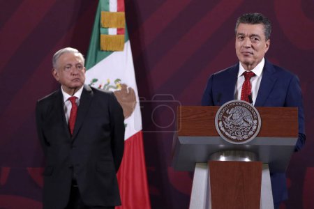 Photo for August 14, 2023, Mexico City, Mexico: Governor of the state of Chiapas, Rutilio Escandon, at the press conference with the President of Mexico, Andres Manuel Lopez Obrador, at the press conference at the National Palace in Mexico City - Royalty Free Image