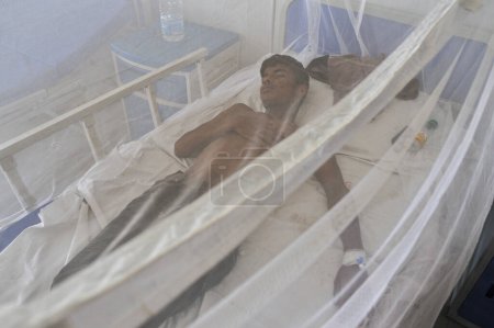 Foto de 26 Julio 2023 Sylhet-Bangladesh: Los pacientes infectados con dengue bajo mosquiteros están recibiendo tratamiento en la esquina del dengue del Sylhet MAG Osmani Medical College & Hospital, Sylhet, Bangladesh. Más de 20 pacientes ingresan en el Dengue Corner. - Imagen libre de derechos