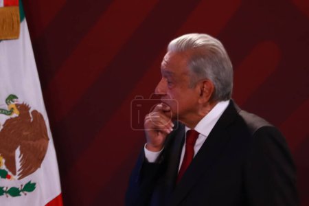 Photo for August 23, 2023 in Mexico City, Mexico: President of Mexico, Andres Manuel Lopez Obrador, gesticulates while  speak during  the briefing conference in front of reporters at the national palace on August 23, 2023 in Mexico City, Mexico - Royalty Free Image