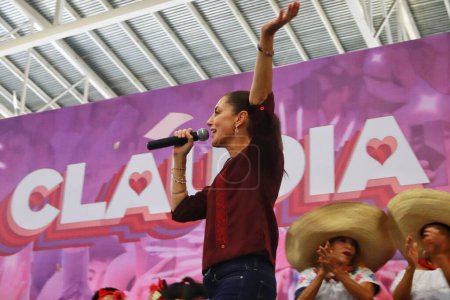 Foto de 27 de agosto de 2023 en Xalapa, México, La candidata a la coordinación de defensa de la transformación, Claudia Sheinbaum Pardo, durante el cierre de la campaña en el Velódromo Internacional - Imagen libre de derechos