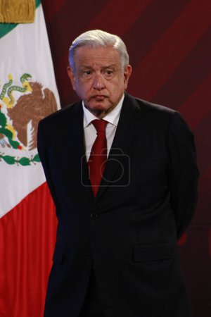 Photo for August 30, 2023 in Mexico City, Mexico: President of Mexico, Andres Manuel Lopez Obrador, speaks during the morning briefing conference in front of reporters at the national palace - Royalty Free Image