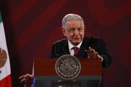 Photo for September 07, 2023, Mexico City, Mexico: The President of Mexico, Andres Manuel Lopez Obrador, gesticulates while speak during the briefing conference in front of reporters at the National Palace - Royalty Free Image