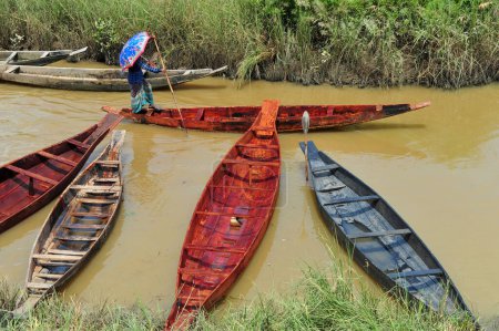 Téléchargez les photos : Sylhet, Bangladesh - 09 septembre 2023 : L'acheteur rural revient avec son bateau en bois nouvellement acheté au Salutikar Bazar de Sylhet, Bangladesh - en image libre de droit