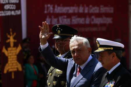 Photo for Mexico City - September 13, 2023: Secretary of National Defense Luis Cresencio Sandoval, President of Mexico Andres Manuel Lopez Obrador and Secretary of Navy Rafael Ojeda Duran at 176th Anniversary of Heroic Deed of Children Heroes of Chapultepec - Royalty Free Image
