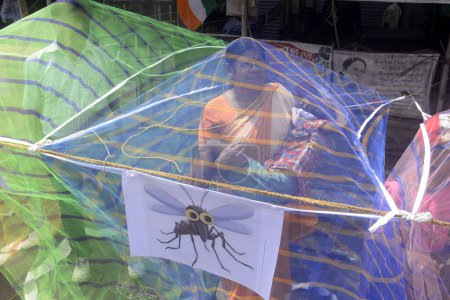 Foto de 25 de septiembre de 2023, Kolkata, India: Activistas del Congreso están dentro de la mosquitera durante una protesta contra el creciente número de casos de dengue en el estado - Imagen libre de derechos