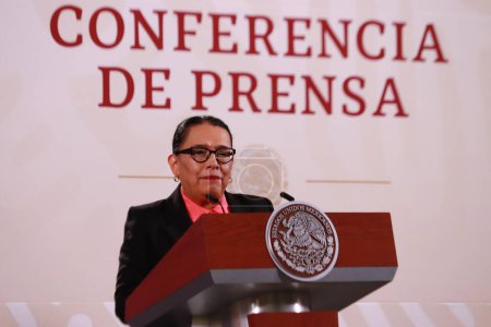 Photo for September 27, 2023 in Mexico City, Mexico: Rosa Icela Rodrguez, head of the Secretariat of Citizen Security, speaks during Mexican President Andres Manuel Lopez Obrador morning briefing conference in front of reporters at the National Palace - Royalty Free Image