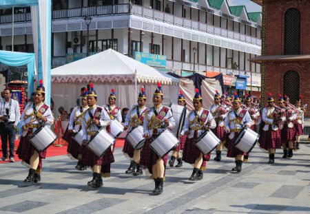 Photo for Srinagar Kashmir, India - October 03,2023: Women band members of the Indian paramilitary Central Reserve Police Force (CRPF) perform during a bike rally to Gujarat, in Srinagar. The cross-country bike expedition - Royalty Free Image