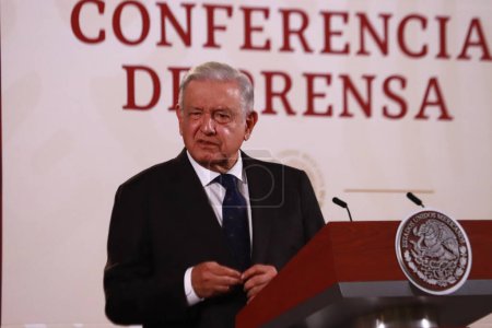 Photo for October 4, 2023,  Mexico City, Mexico: President of Mexico, Andres Manuel Lopez Obrador, speaks during the daily morning news conference  in front reporters at the National Palace. on October 4, 2023 in Mexico City, Mexico - Royalty Free Image