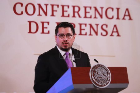 Photo for October 4, 2023,  Mexico City, Mexico: Carlos Martnez Velzquez, General Director of the Institute of the National Housing Fund for Workers (INFONAVIT) speaks during President of Mexico Lopez Obrador daily morning news conference - Royalty Free Image