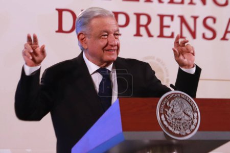 Photo for October 4, 2023,  Mexico City, Mexico: President of Mexico, Andres Manuel Lopez Obrador, speaks during the daily morning news conference  in front reporters at the National Palace. on October 4, 2023 in Mexico City, Mexico - Royalty Free Image
