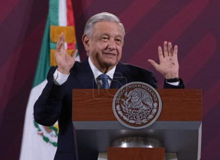 Photo for October 10, 2023, Mexico City, Mexico: Mexico's President, Andres Manuel Lopez Obrador gestures while speak during the daily briefing conference at National Palace - Royalty Free Image