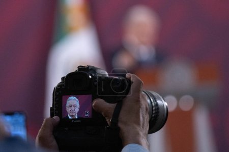 Photo for October 10, 2023, Mexico City, Mexico: Mexico's President, Andres Manuel Lopez Obrador gestures while speak during the daily briefing conference at National Palace - Royalty Free Image