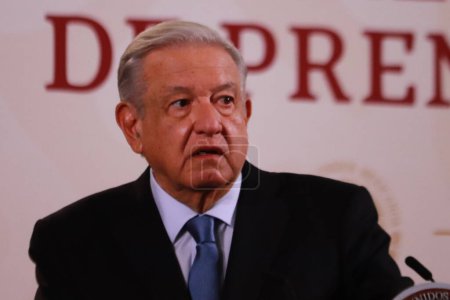 Photo for October 11, 2023 in Mexico City, Mexico: Mexican President Andres Manuel Lpez Obrador, speaks during the briefing morning news conference in front of reporters at the National Palace - Royalty Free Image