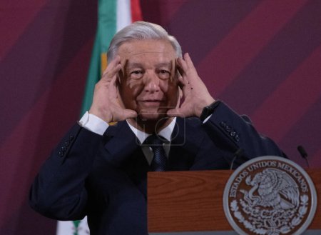 Photo for October 10, 2023, Mexico City, Mexico: Mexico's President, Andres Manuel Lopez Obrador gestures while speak during the daily briefing conference at National Palace. - Royalty Free Image