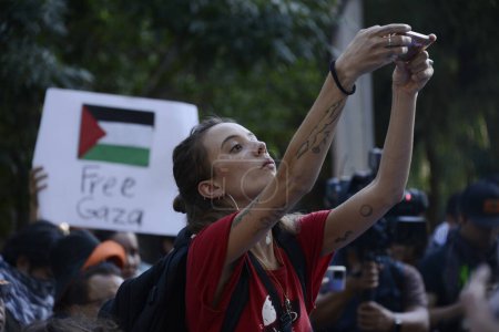 Photo for October 12, 2023, Mexico City, Mexico: Palestine supporters join a rally outside the Israeli Embassy in Mexico to protest of the recent attacks by the Israeli army against the people of Palestine and demand stop of the war against Gaza - Royalty Free Image