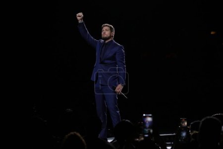 Foto de 12 de octubre de 2023, Ciudad de México, México: El cantante canadiense Michael Buble actúa en el escenario durante su gira superior 2023 en el estadio de la Ciudad de México - Imagen libre de derechos