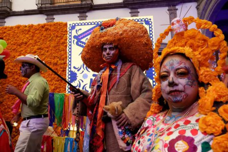 Photo for October 16, 2023, Mexico City, Mexico: People characterized as death, catrinas and catrines during the announcement of the Day of the Dead activities at the press conference at the Mexico City Museum in Mexico City - Royalty Free Image