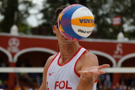 Photo for October 15, 2023, Tlaxcala, Mexico:  Michal Bryl of Poland compete against team USA  during the Beach Volleyball World Championship  Men's Bronze Medal Match between USA and POland - Royalty Free Image