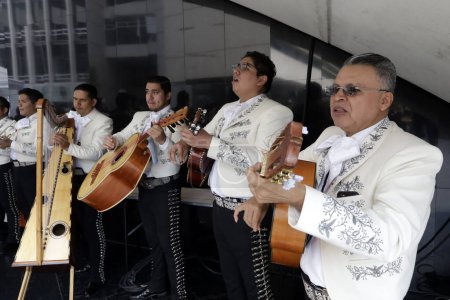 Photo for October 17, 2023, Mexico City, Mexico: Musicians members of a mariachi, emblematic musical group of the state of Jalisco during a press conference of the Government of the State of Jalisco in the Senate in Mexico City - Royalty Free Image