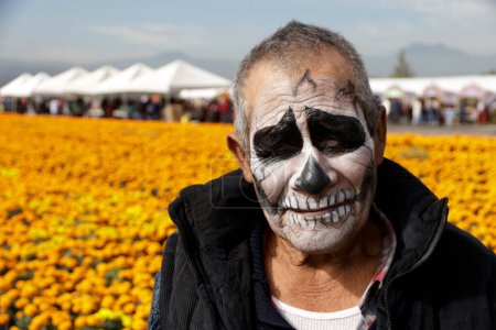 Téléchargez les photos : 19 octobre 2023, Mexico, Mexique : Un homme maquillé comme la mort dans les champs de la fleur de cempasuchil dans le cadre de la fête de la Journée des Morts à l'ejido de San Gregorio Atlapulco dans le bureau du maire de Xochimilco à Mexico - en image libre de droit