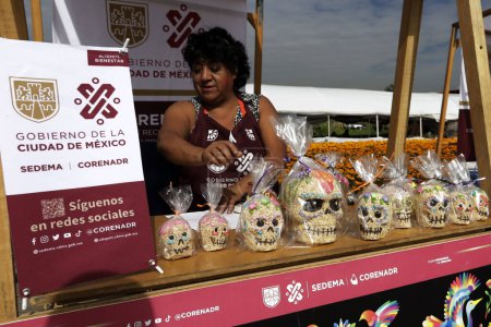 Téléchargez les photos : 19 octobre 2023, Mexico, Mexique : Un producteur d'amarante vend des crânes d'amarante dans les champs de fleurs de Cempasuchil dans le cadre de la fête de la Journée des Morts à l'ejido de San Gregorio Atlapulco dans le bureau du maire de Xochimilco au Mexique - en image libre de droit