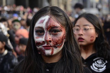 Photo for October 21, 2023, Mexico City, Mexico: Participants disguised as Zombies take part during the Annual Zombie Walk  at Mexico City's downtown - Royalty Free Image