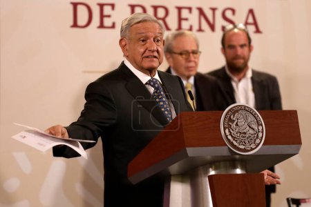 Photo for October 24, 2023, Mexico City, Mexico: The president of Mexico, Andres Manuel Lopez Obrador at his daily morning conference at the National Palace in Mexico City - Royalty Free Image