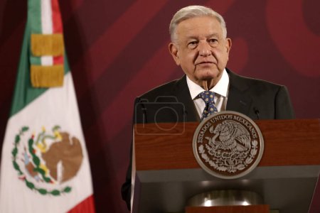 Photo for October 24, 2023, Mexico City, Mexico: The president of Mexico, Andres Manuel Lopez Obrador at his daily morning conference at the National Palace in Mexico City - Royalty Free Image