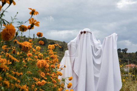 Photo for October 26, 2023, Tlaxcala, Mexico: Persons Dress Up As Ghosts In The Cempasuchil Flower Field On The Occasion Of The Day Of The Dead celebration, In The Municipality Of Tepeyanco - Royalty Free Image