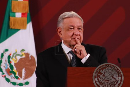 Photo for October 25, 2023 in Mexico City, Mexico: President of Mexico Andrs Manuel Lpez Obrador speaks at the morning conference at the national palace - Royalty Free Image