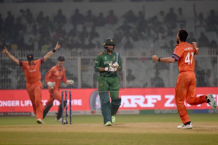 Photo for October 28, 2023, Kolkata, India : Netherlands' Paul van Meekeren celebrates during the match between Netherlands and Bangladesh of  the 2023 ICC Men's Cricket World Cup  at the Eden Gardens Stadium - Royalty Free Image