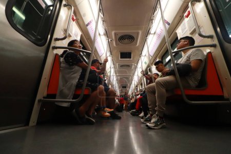 Photo for October 29, 2023 in Mexico City, Mexico:  Passengers travel in the subway during the reopening of Metro Line 1 to the public after the Pantitln - Isabel la Catlica Section has been repaired - Royalty Free Image