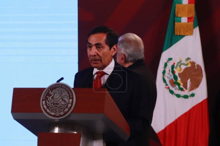 Photo for November 1, 2023 in Mexico City, Mexico: Rogelio Ramirez de la O, Secretary of finance and public credit speaks during the Andres Manuel Lopez Obrador briefing  conference in front of reporters at the National Palace - Royalty Free Image