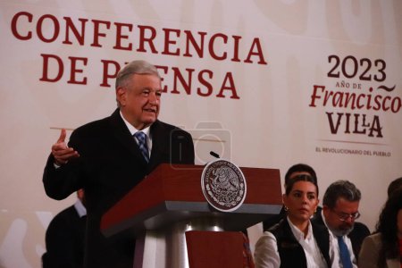 Photo for November 1, 2023 in Mexico City, Mexico: Mexico's President, Andres Manuel Lopez Obrador speaks during daily briefing  conference in front of reporters at the National Palace - Royalty Free Image