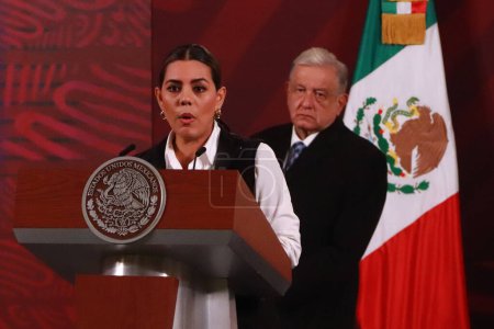 Photo for November 1, 2023 in Mexico City, Mexico: Evelyn Salgado Pineda; Governor of State of Guerrero, speaks during the Andres Manuel Lopez Obrador briefing  conference in front of reporters at the National Palace - Royalty Free Image
