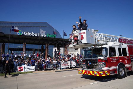 Photo for Arlington, Texas, USA: Images from the parade celebrating the Texas Rangers 2023 World Series Championship on the streets of Arlington's entertainment district and in front of Globe Life Field on Friday November 3, 2023 - Royalty Free Image